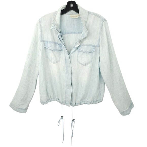 Chicos Button Front Jacket Womens Size 1 US M/8 Drawstring Washed Blue - Picture 1 of 16